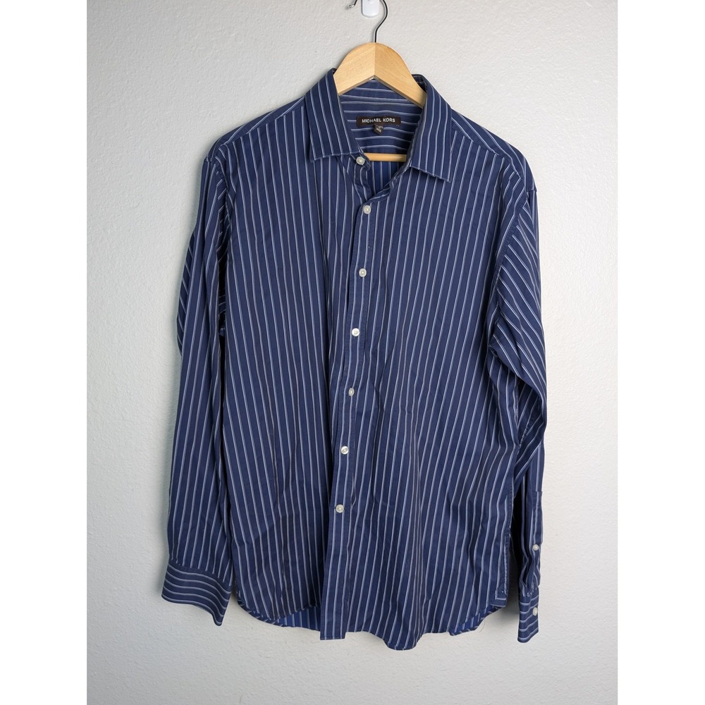 Michael Kors Dress Shirt Mens 17 34/35 Blue Stripe Regular‎ Fit Long Sleeve